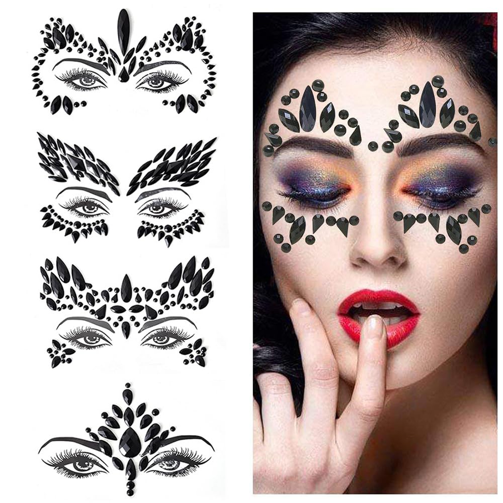 Paquete de 4 calcomanías de cristal negro para Halloween, tatuajes faciales, diseño de festival de Halloween, diseño de cara de sirena, diamantes de
