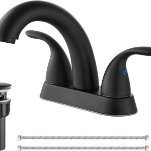 Grifo de lavabo central de 4 pulgadas, color negro mate, 2 asas, grifo mezclador con placa de cubierta, desagüe emergente y mangueras de suministro Grifo de lavabo central de 4 pulgadas, color negro mate, 2 asas, grifo mezclador con placa de cubierta, desagüe emergente y mangueras de suministro