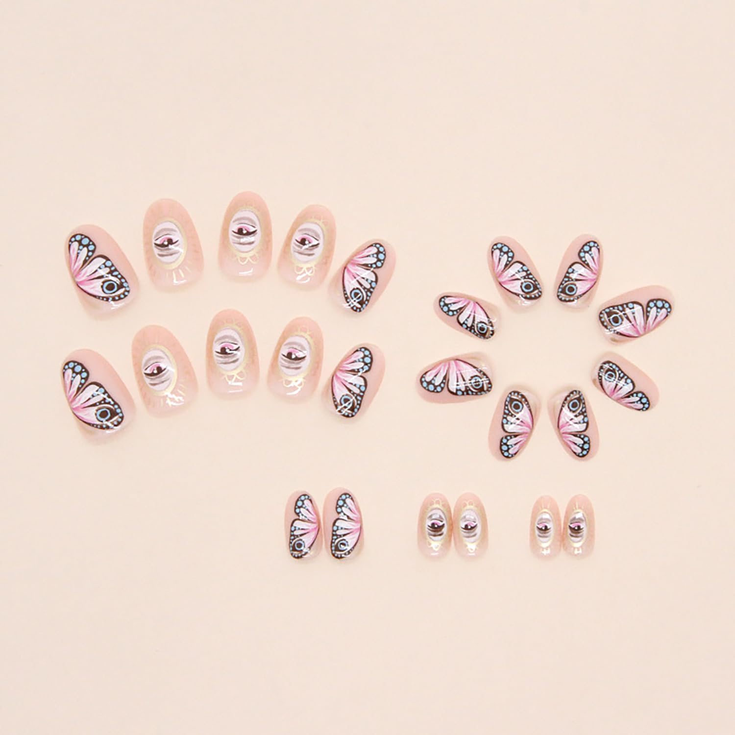 Uñas postizas a presión de almendra, uñas postizas cortas color rosa nude, diseño de mariposa y ojos, uñas postizas con diseños, uñas brillantes de