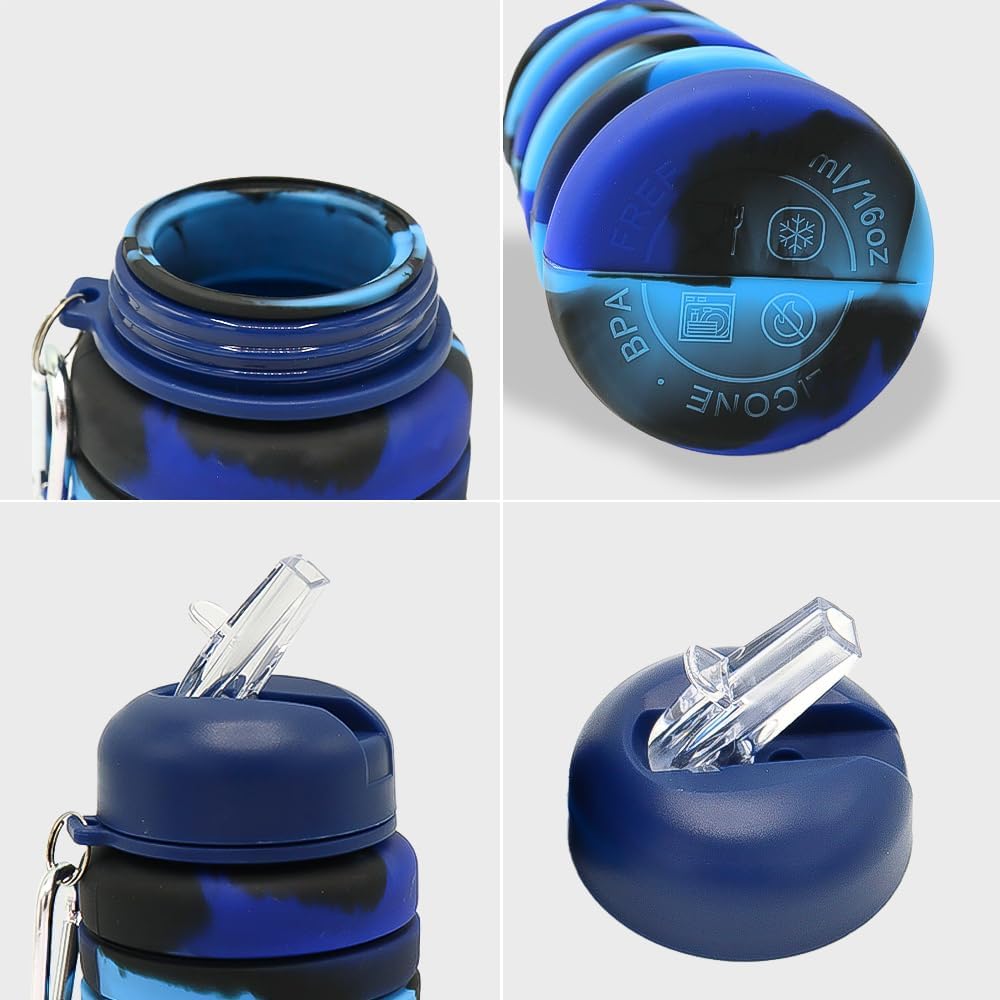 Paquete de 2 botellas de agua plegables de silicona, a prueba de fugas, portátiles de 16 onzas, expandibles, vasos deportivos con popote, sin BPA,