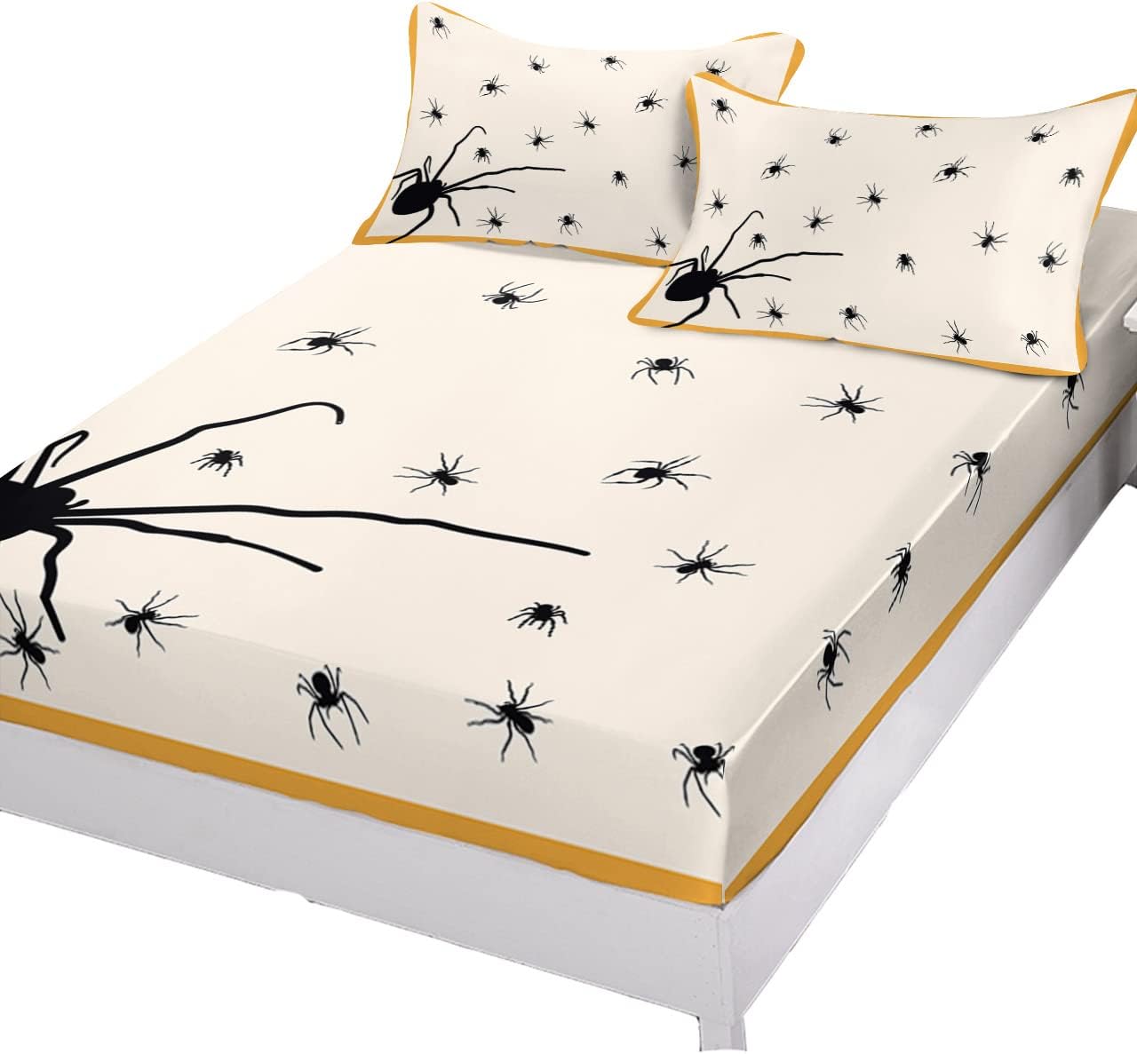 Juego de sábanas bajeras de 3 piezas con diseño de arañas aterradoras con temática de Halloween para cama tamaño Queen, sábana de bolsillo profundo
