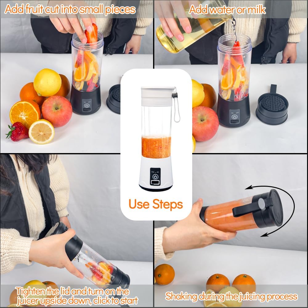 Licuadora portátil para batidos y licuados de frutas, pequeña bebida personal, licuadora eléctrica, recargable por USB, 12.8 fl oz (13 onzas) y 6