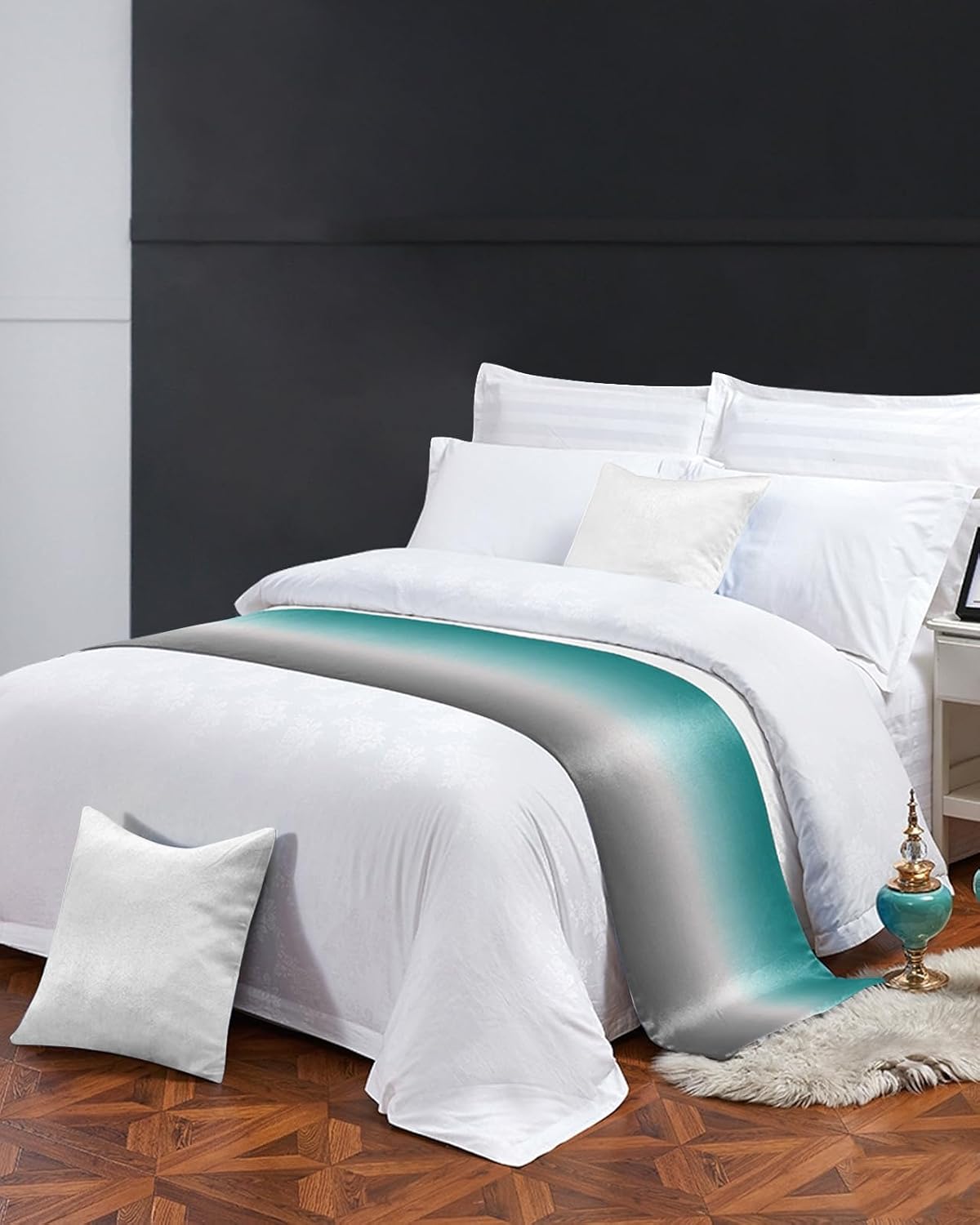 Full Bed Runner Teal Turquoise Gray Gradient Bedding Runner Scarves Decorative Bed Scarf,Gradual Color Design Modern Art Soft Bed Runners for