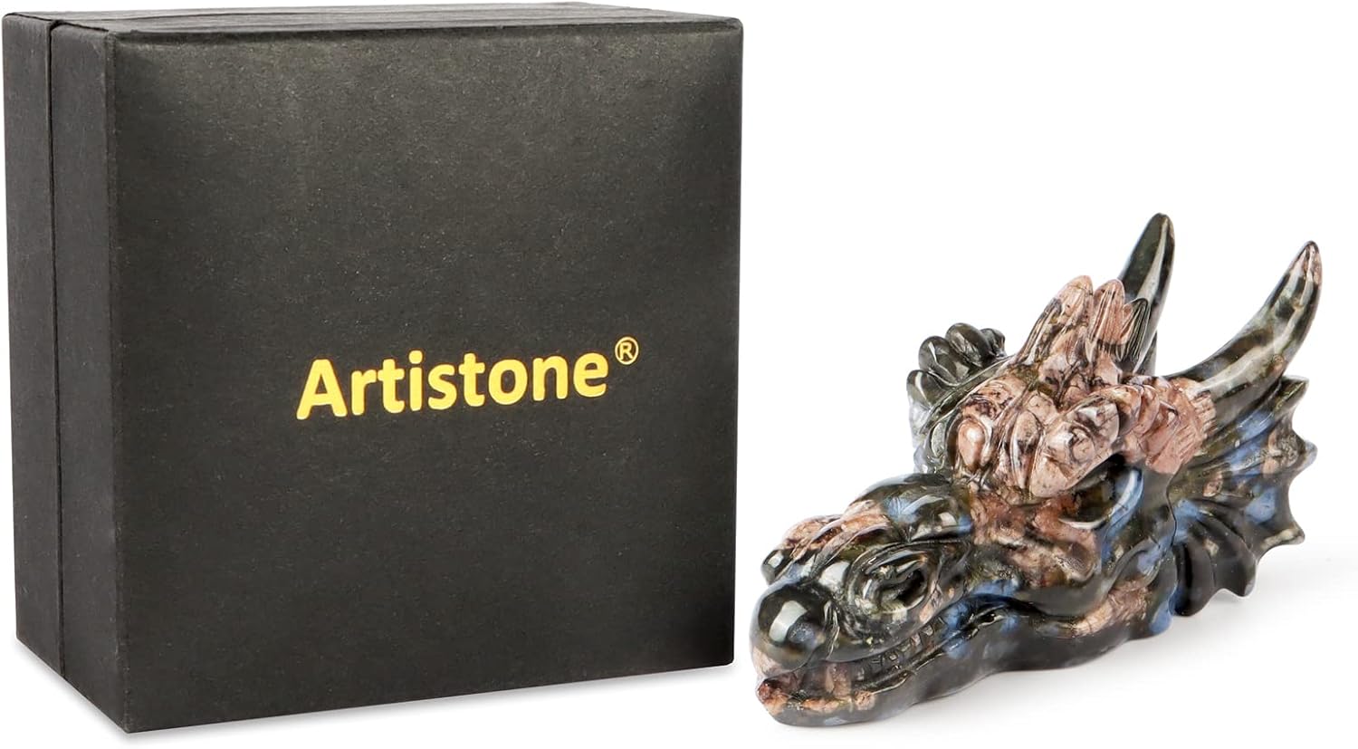 Artistone Piedra de glaucophane con cabeza de dragón y calavera tallada con anfíbole azul, estatua de dragones de cristal, figuras de piedra