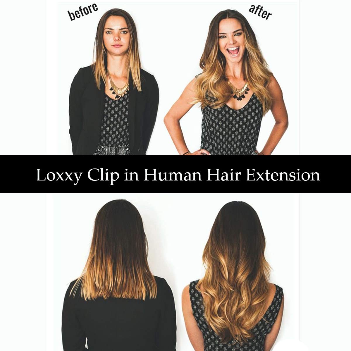 Loxxy Extensiones de cabello humano ombré marrón chocolate a rubio caramelo, gruesas, sedosas, lacias, con clip de doble trama, extensiones de