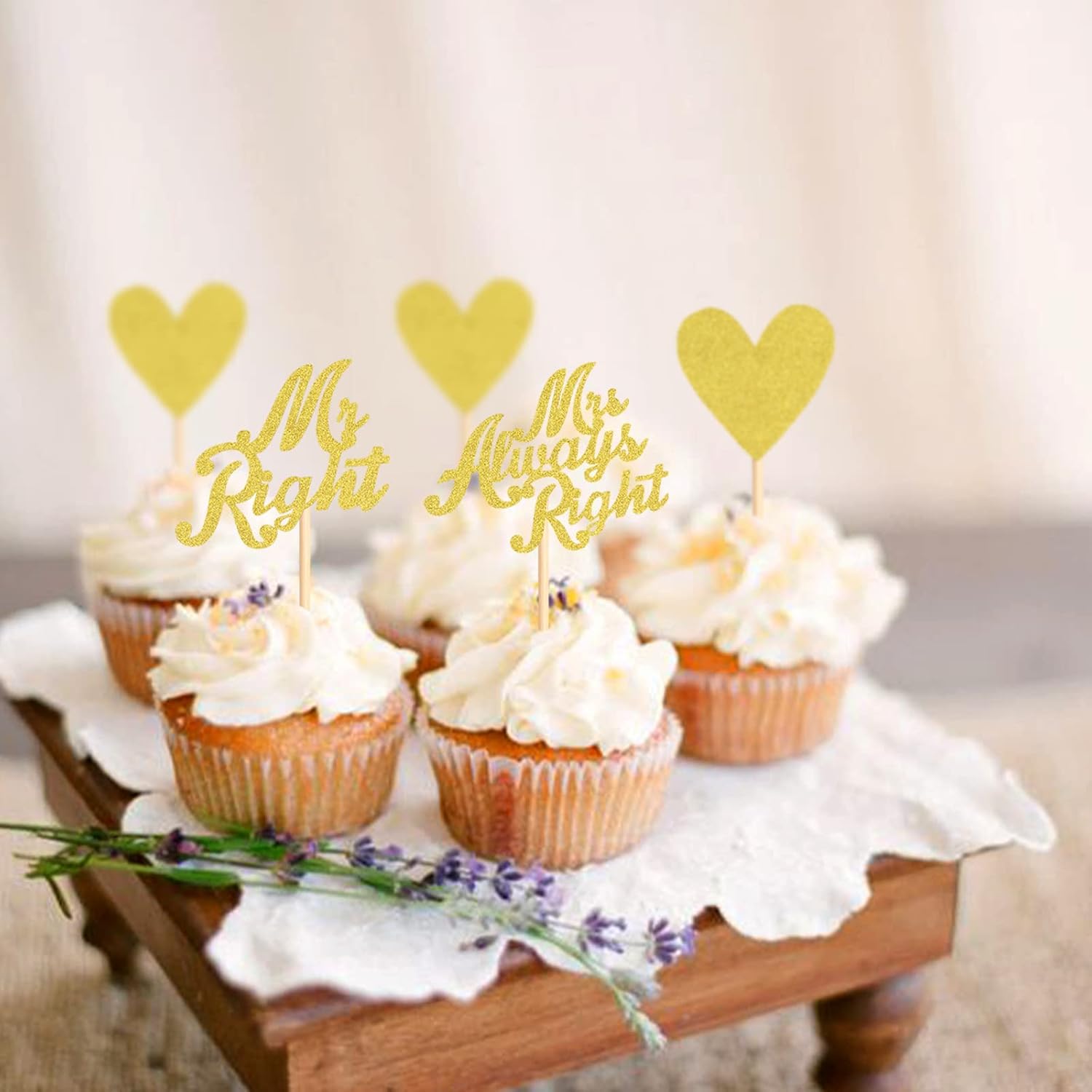 Paquete de 24 adornos para cupcakes Mr Right Mrs Always Right, diseño de corazón para despedida de soltera, bodas, compromisos, cumpleaños,