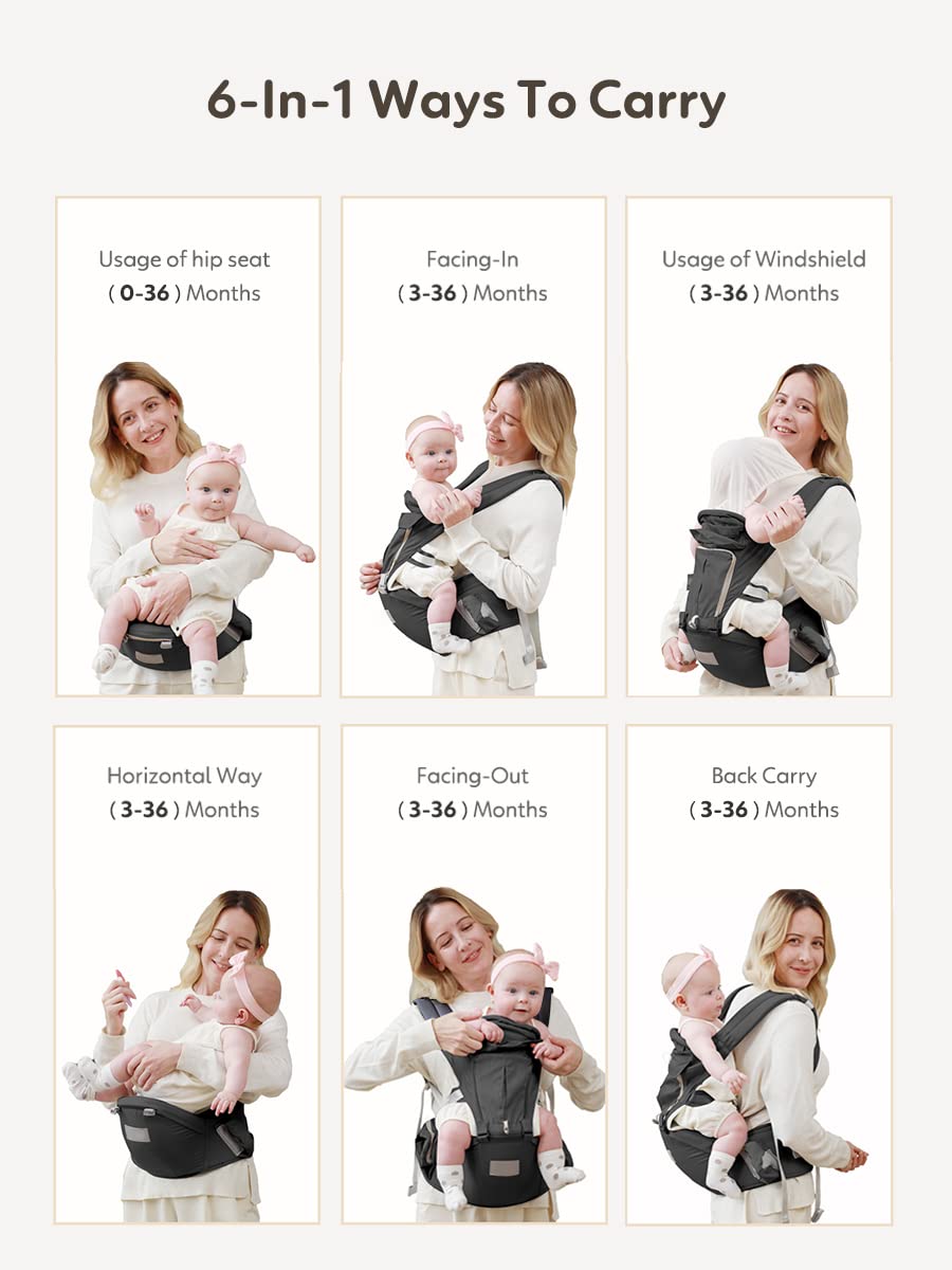 Portabebés con asiento de cadera, portabebés de recién nacido a niño, portabebés para niños pequeños de 7 a 66 libras, portabebés para todas las