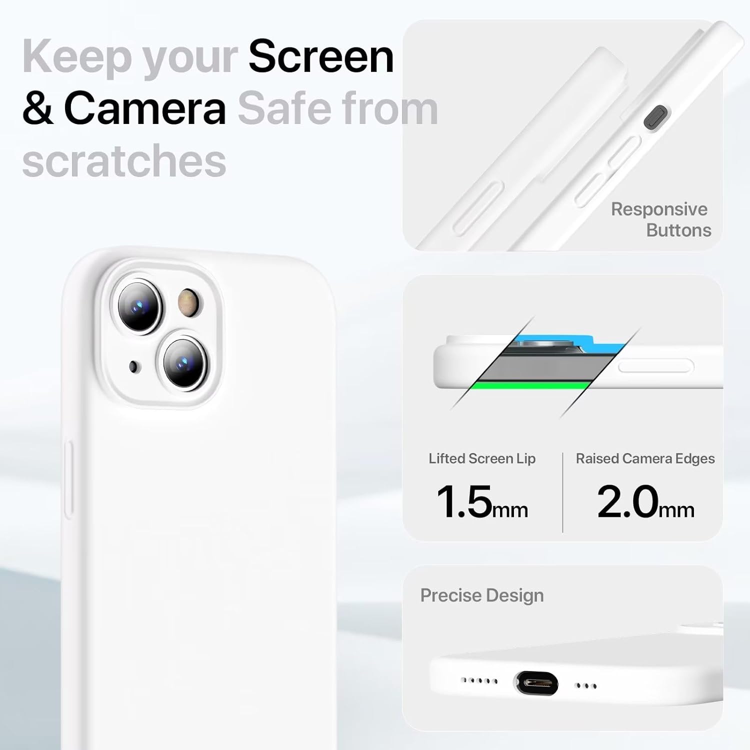GOODVISH Funda compatible con iPhone 15, funda de silicona mejorada protección de cámara con 2 protectores de pantalla, forro interior de microfibra