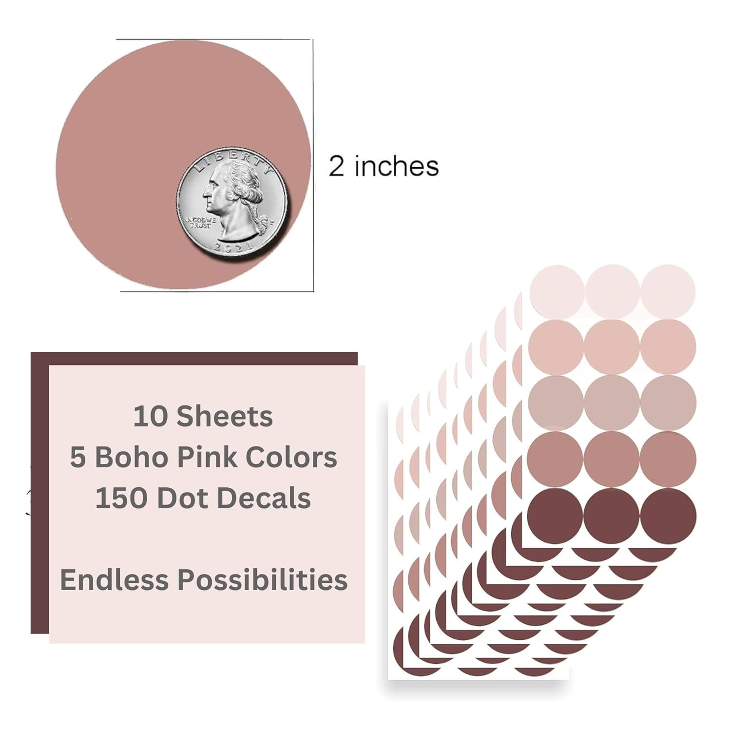 Calcomanías de pared de lunares rosados, 150 calcomanías de pared bohemias de 2 pulgadas para dormitorio, guardería o sala de juegos, calcomanías de