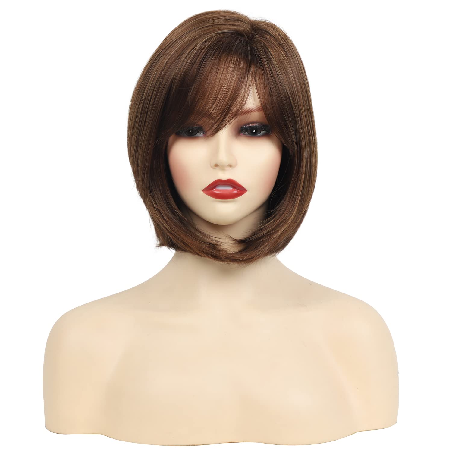 RENERSHOW Peluca sintética corta de color marrón con flequillo para mujer, peluca sintética con flequillo de aspecto natural, peluca de fiesta diaria