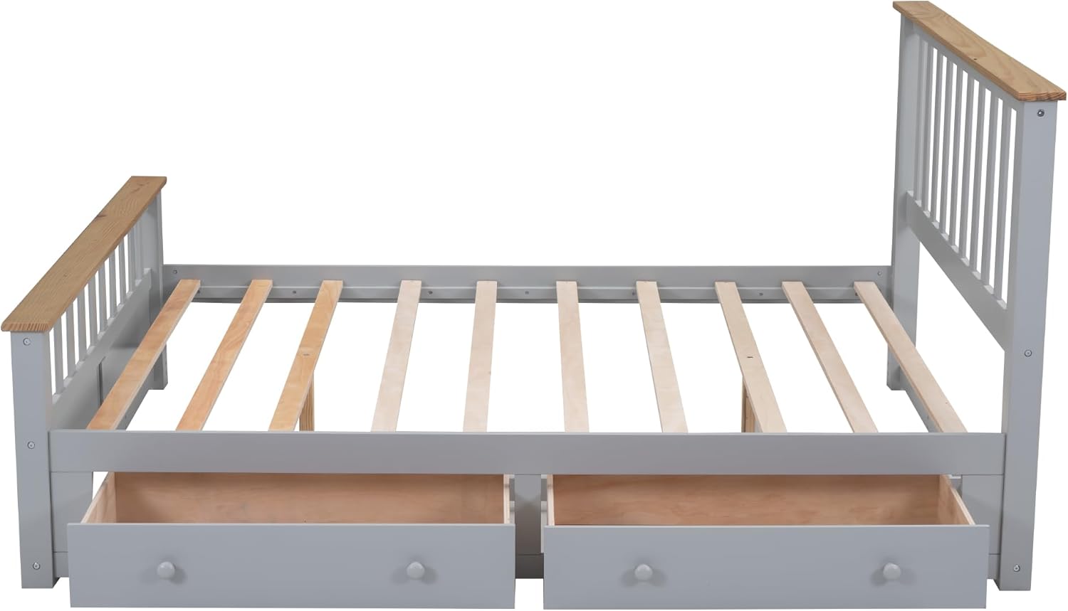 Merax Cama de plataforma tamaño Queen, plataforma de madera con 2 cajones y soporte de listones de madera, gris + natural