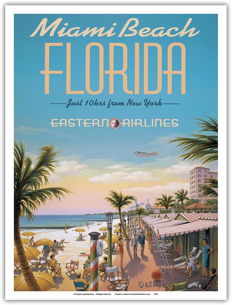 Miami Beach Florida – Eastern Airlines – Solo 10 horas de Nueva York – Póster vintage de viaje de aerolínea por Kerne Erickson – Impresión artística