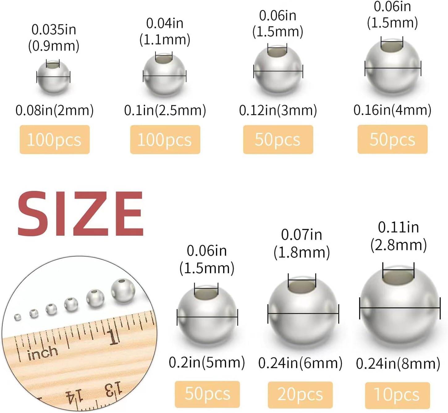 Cuentas de plata de ley 925 para hacer joyas, 50 cuentas sueltas de plata S925, cuentas redondas lisas de plata para pulseras apilables, joyería y