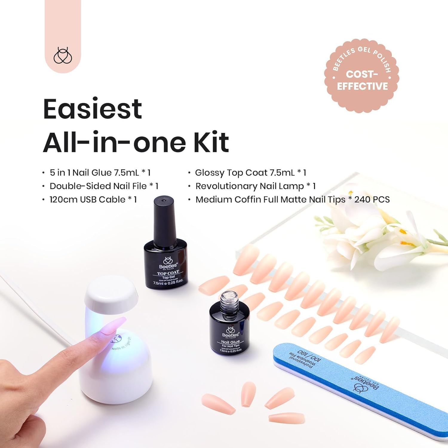 Beetles – Kit de uñas de gel de fácil extensión, color rosa nude, degradado, ataúd medio, cobertura completa, 240 puntas de uñas acrílicas postizas
