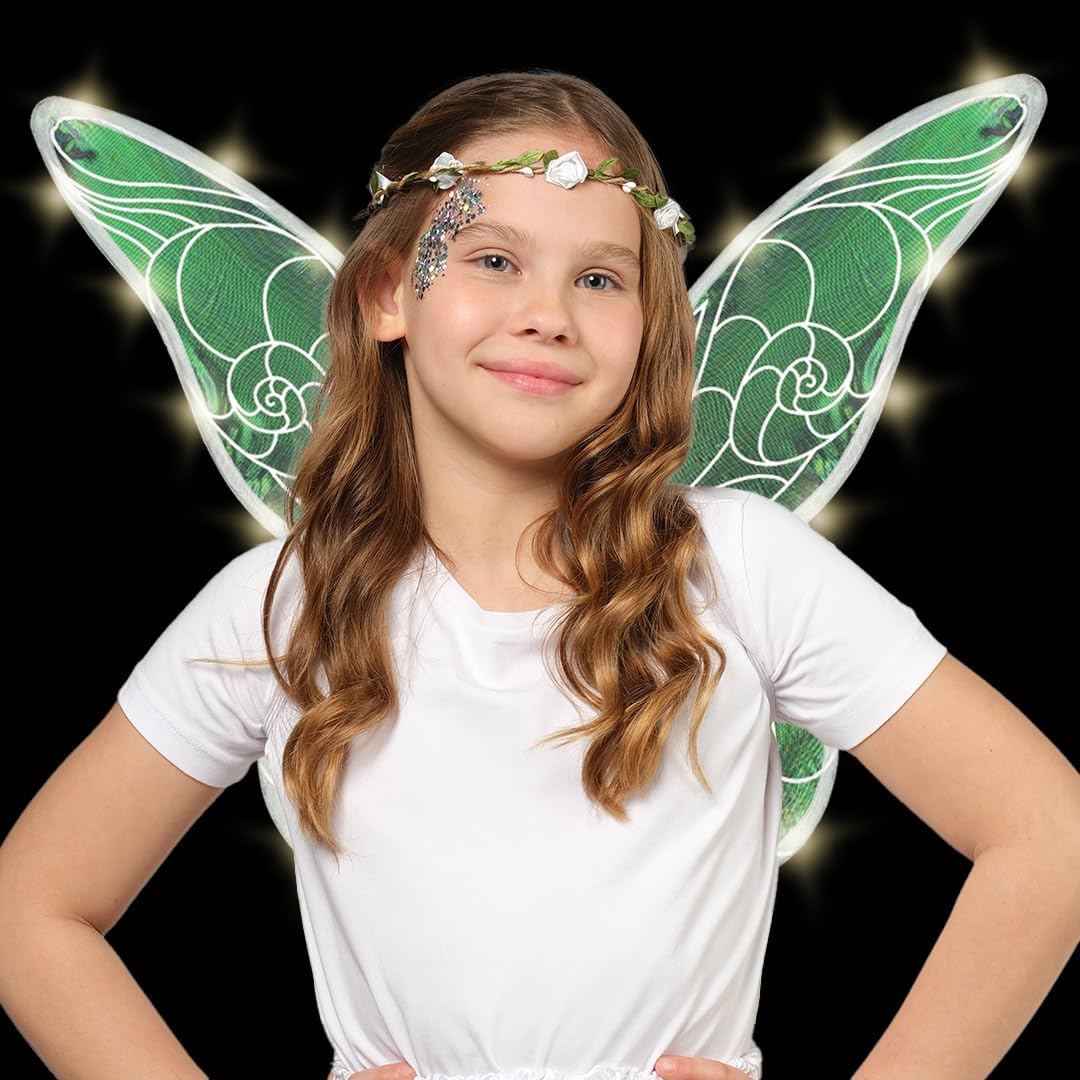 Funcredible Fairy Costume Accessories – Orange Light Up Fairy Wings and Flower Crown, Glitter
