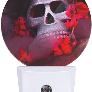 Lámpara de noche floral roja de calavera para Halloween, cabeza de esqueleto malvado, calavera de rosa, luz nocturna decorativa LED, sensor de Lámpara de noche floral roja de calavera para Halloween, cabeza de esqueleto malvado, calavera de rosa, luz nocturna decorativa LED, sensor de