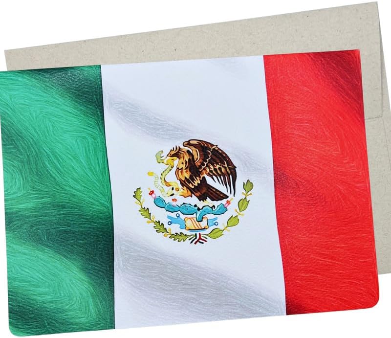 Tarjeta de felicitación y sobre de la bandera mexicana (7 x 5 pulgadas y interior en blanco para todas las ocasiones) para cumpleaños, viaje a
