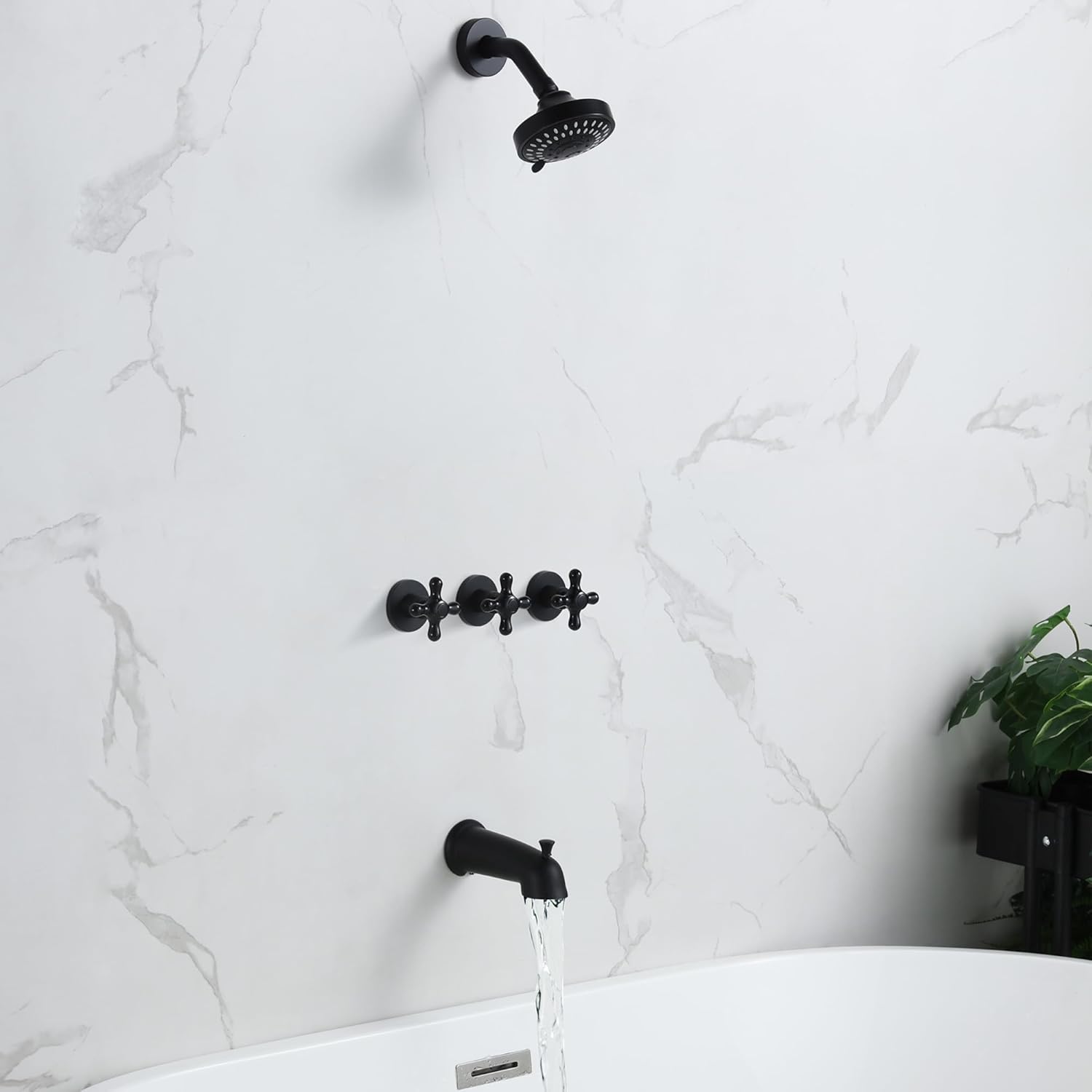 BEIYI BY3H003 – Juego de grifo de ducha de 3 manijas con boquilla de bañera, color negro mate para bañera y ducha, grifos de ducha completos, BY3H003