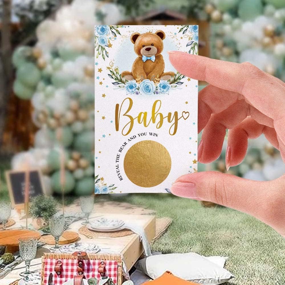 Juego de 50 Woodland Bear Scratch Off, tarjeta de dibujo de rosa de oso azul, actividades de fiesta, decoraciones y suministros, es un niño