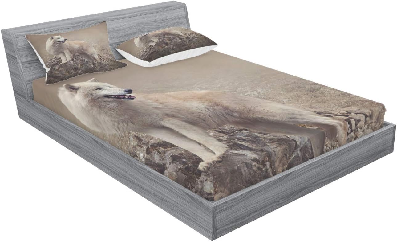 Ambesonne Juego de sábanas bajeras y fundas de almohada, diseño de lobo blanco en rocas en la noche, clima brumoso y brumoso, vida silvestre,