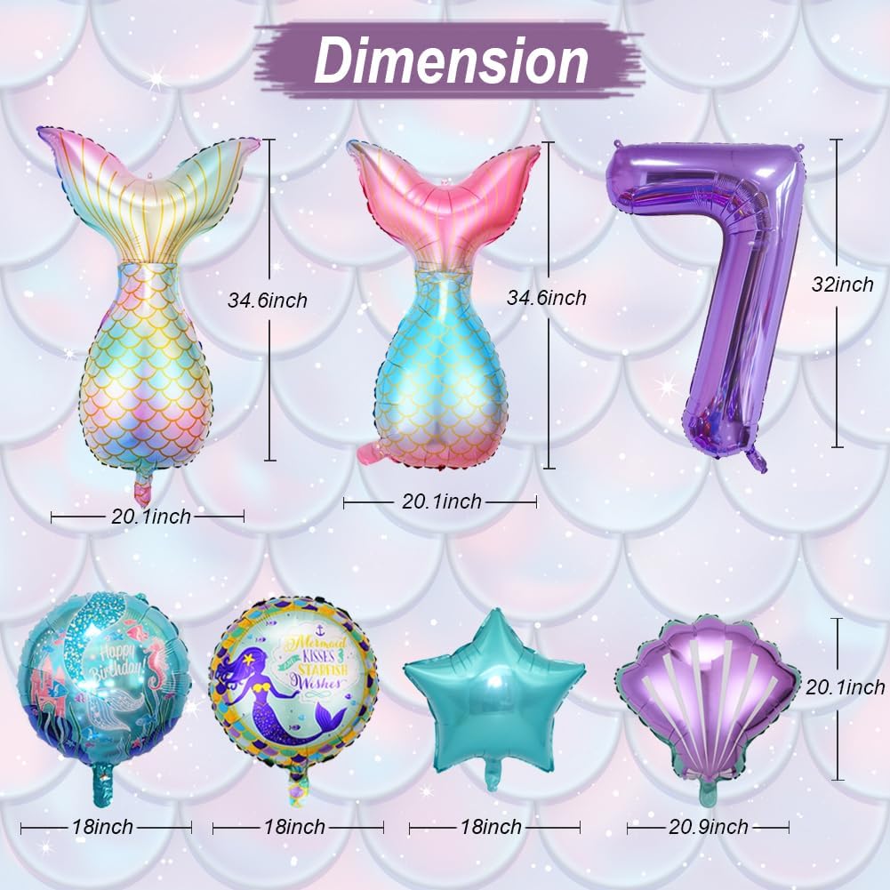 9 piezas de decoraciones de cumpleaños de sirena para niñas, el kit de suministros de fiesta de sirena incluye taid de sirena, globo número 7,