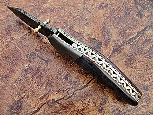 FZ-30 Cuchillo de bolsillo de Damasco hecho a mano para hombres  Cuchillo plegable con bloqueo de revestimiento  Cuchillo de bushcraft para pesca,
