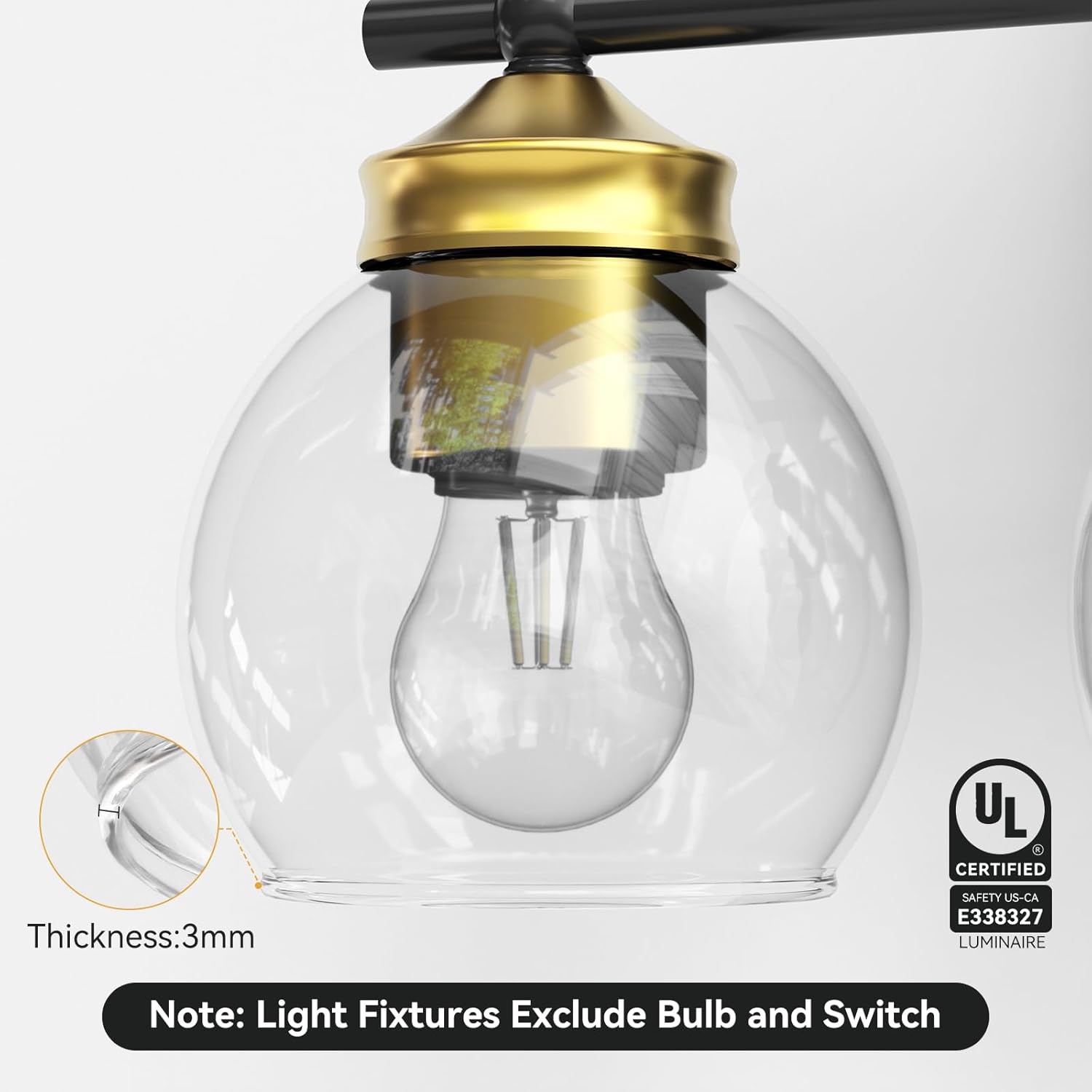 NIORSUN 3 lámparas de baño negras y doradas, lámparas de baño con pantalla de globo de vidrio transparente y base E26, luces de baño sobre espejo,