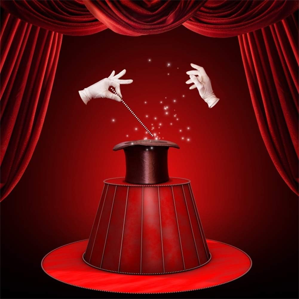 Yeele Fondo de espectáculo mágico de 10 x 10 pies para fotografía, cortina roja de circo, guantes blancos, sombrero negro, fondo de teatro, mago,