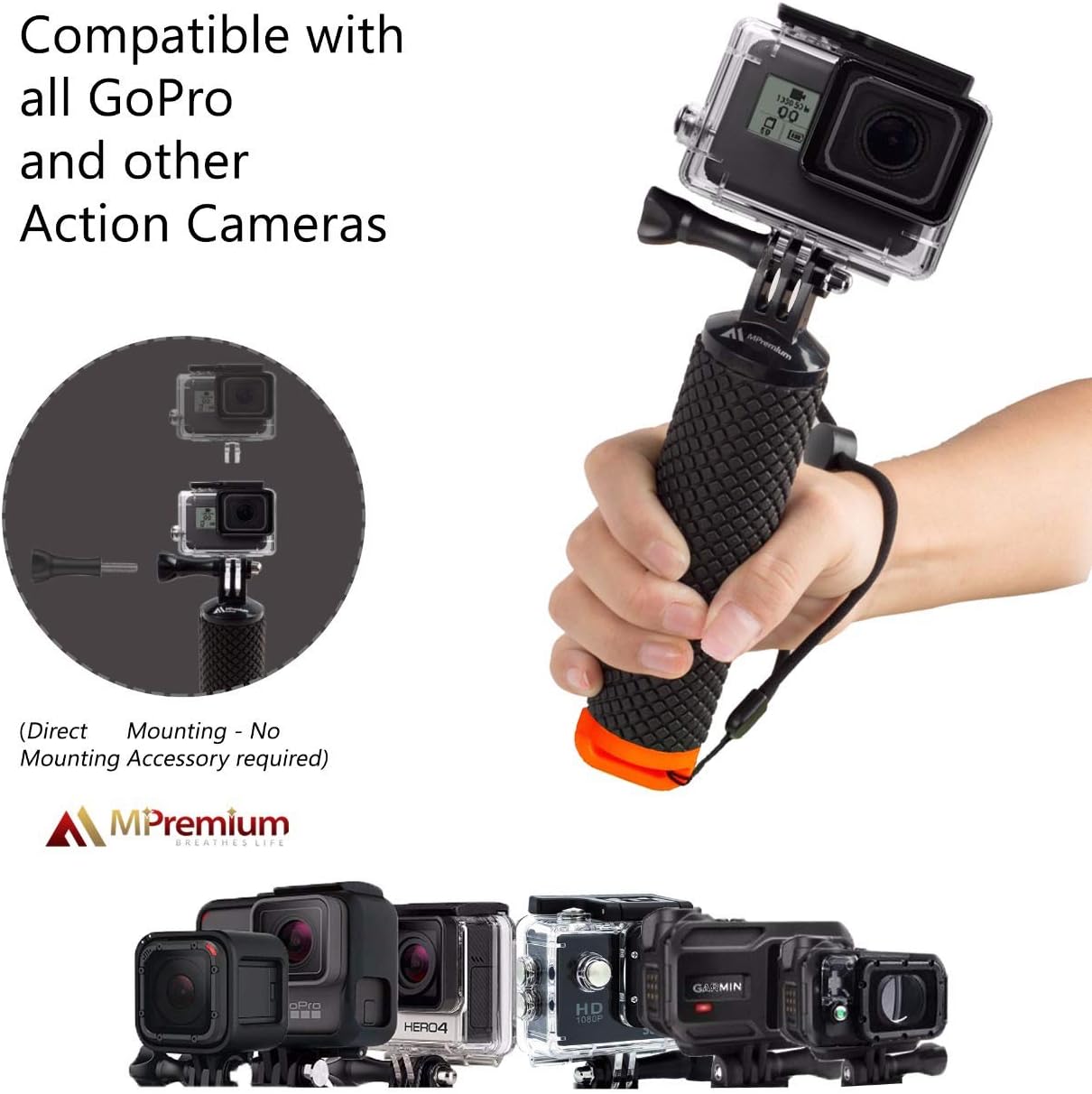 Agarre flotante impermeable compatible con GoPro Hero 10 9 8 7 6 5 4 3+ 2 1 sesión, kit de accesorios de montaje para deportes acuáticos y cámaras