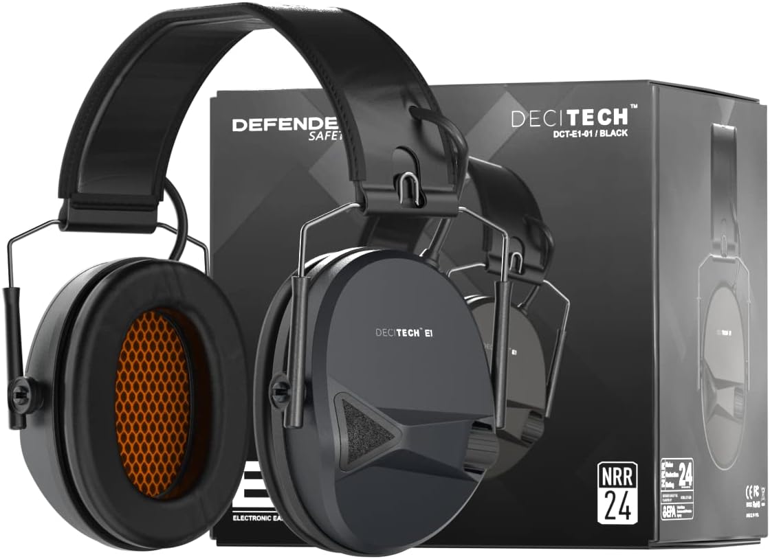 Defender Safety Decitech E1 – Protección auditiva activa electrónica, disparo, rango, caza, orejeras tácticas, 24 NNR clasificado.