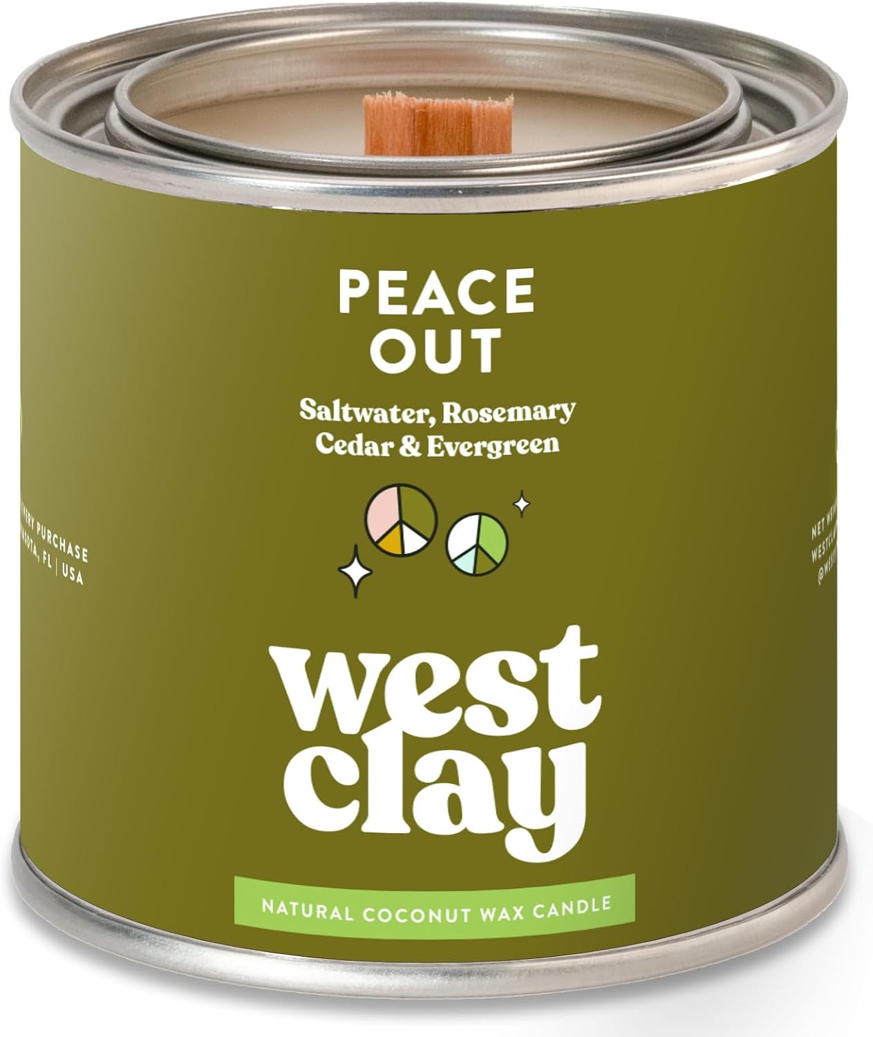 WEST Clay – Vela Peace Out, aroma a sal marina de romero perenne. Lata de metal de 8 onzas, mecha de madera, cera de coco