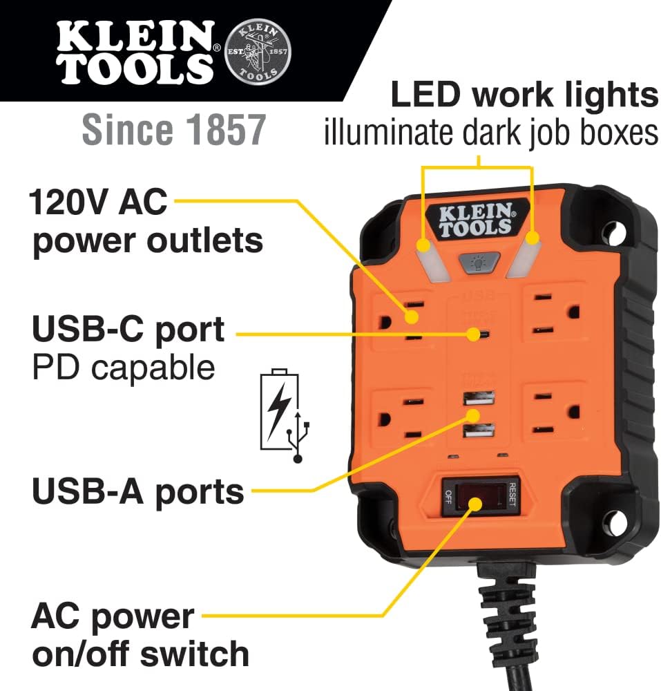 Klein Tools AEPJS3 – Altavoz Bluetooth para sitio de trabajo y regleta magnética 29601 con protector de sobretensión, cable de extensión, 4 tomas, 3