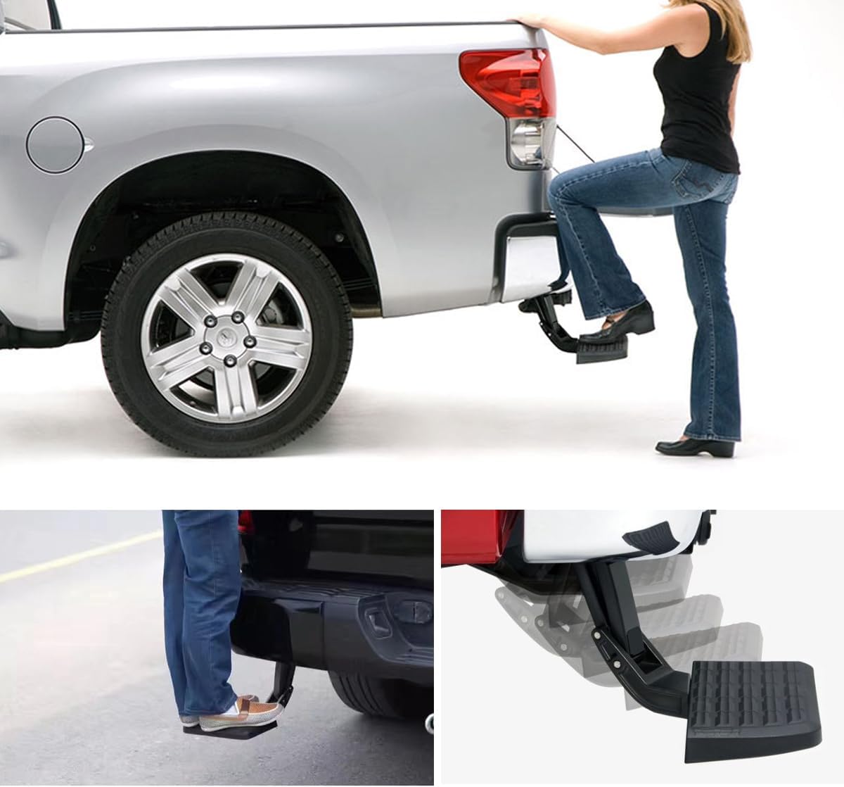 Escalón retráctil para parachoques trasero compatible con F150 2015-2021 escalón plegable para portón trasero, escalones negros grandes para