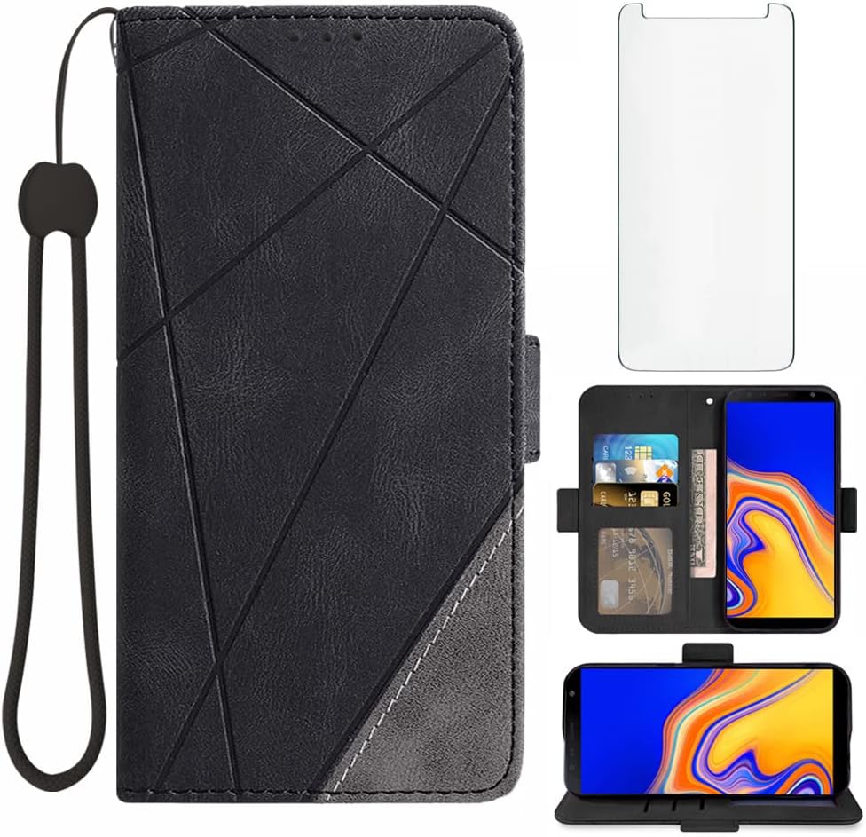 Asuwish Compatible con Samsung Galaxy J4 Plus – Funda tipo cartera y protector de pantalla de vidrio templado, soporte para tarjetas abatibles,