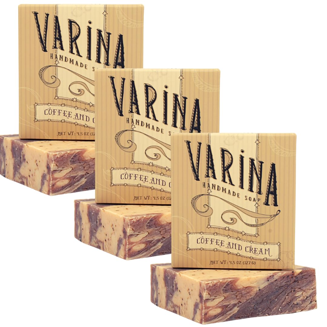 Varina Jabón en barra de crema de café natural, limpieza suave para pieles sensibles, aromas terrosos, paquete de 3, experimenta una piel sana y