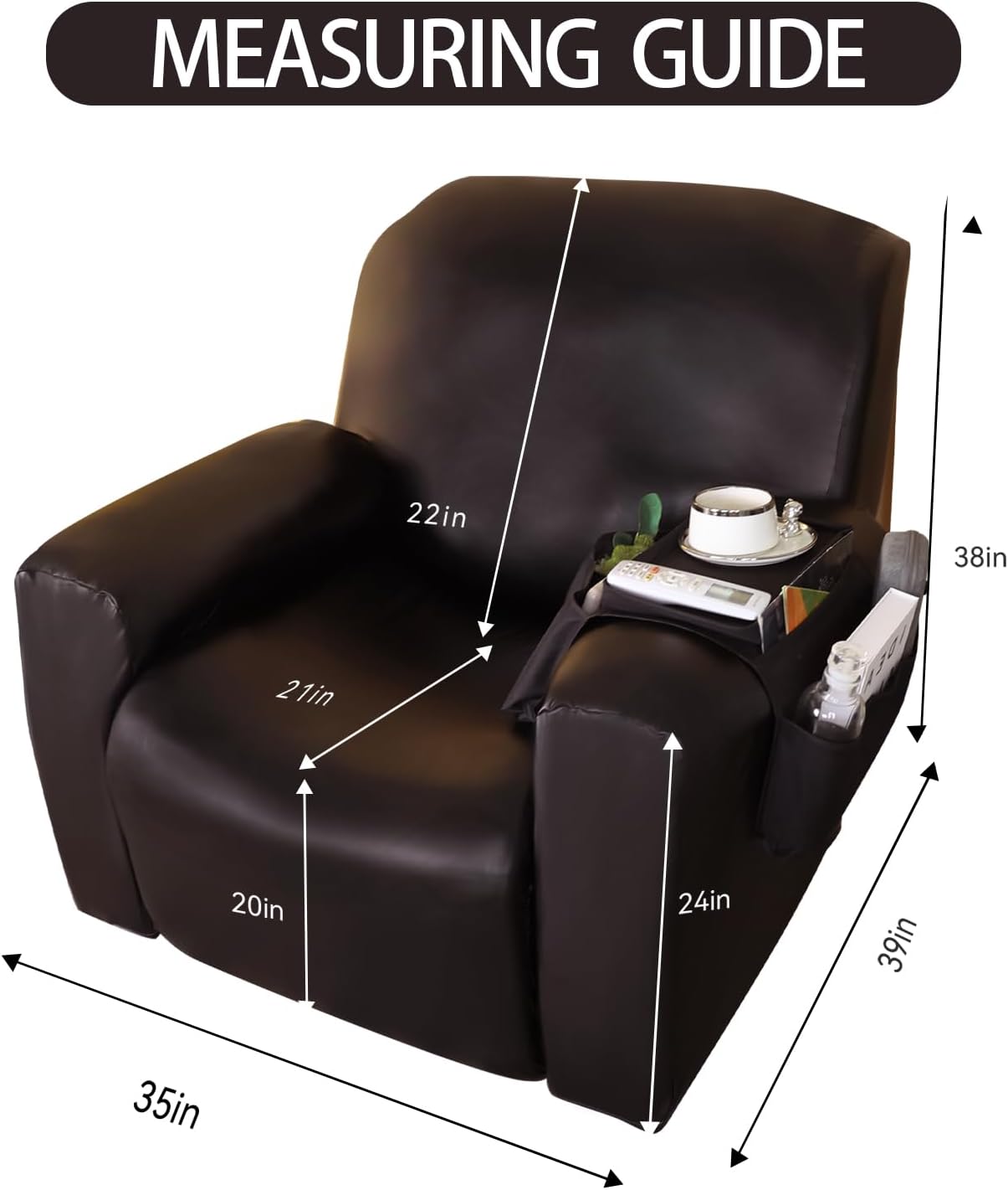 Funda reclinable de piel sintética, elástica, impermeable, funda reclinable de 4 piezas con bolsillos, fundas reclinables fáciles de limpiar para