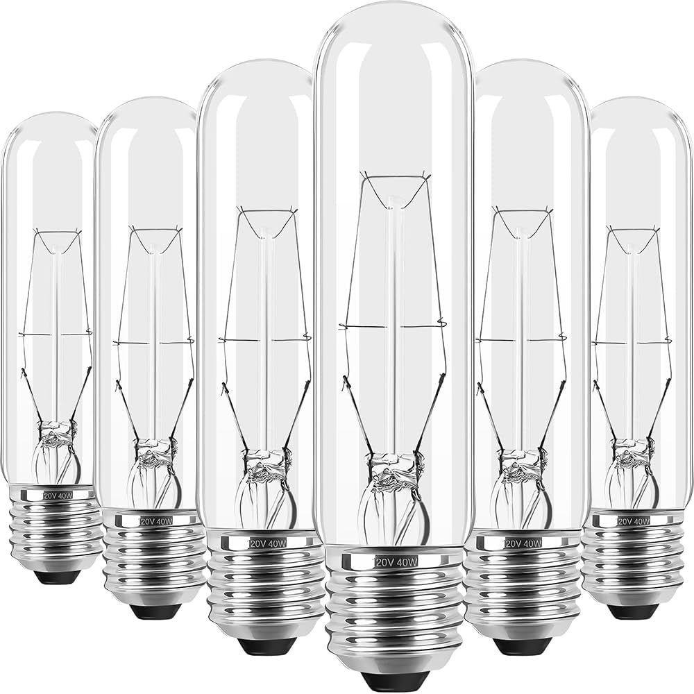 Bombilla incandescente tubular transparente T10 de 40 vatios, base media E26, 2700 K blanco suave, 280 lúmenes, lámpara de escaparate. (6)