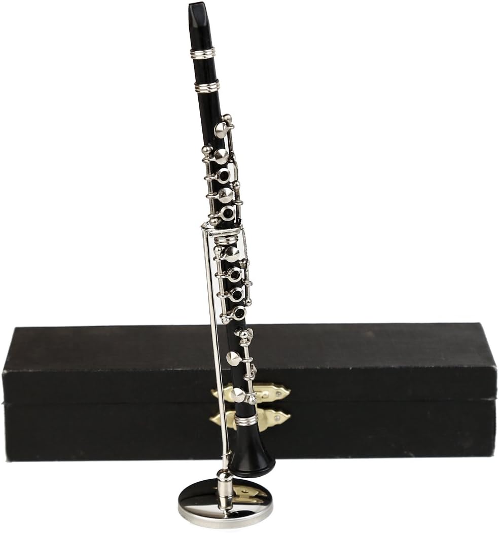 Dselvgvu – Clarinete miniatura con soporte y estuche, mini instrumento musical réplica en miniatura, modelo de casa de muñecas, mini clarinete para