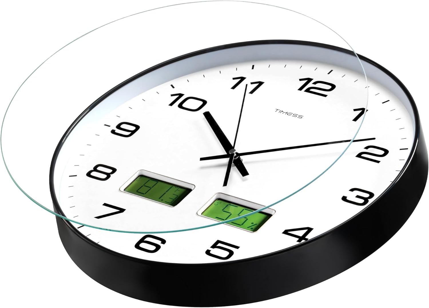 Reloj de pared, esfera grande de 14 pulgadas, silencioso, funciona con pilas, analógico con pantalla LCD dual para temperatura y humedad
