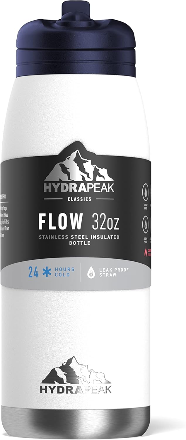 Hydrapeak Flow – Botella de agua aislada de 32 onzas con tapa con popote, botella de agua, botella de agua de metal, botellas de agua aisladas de