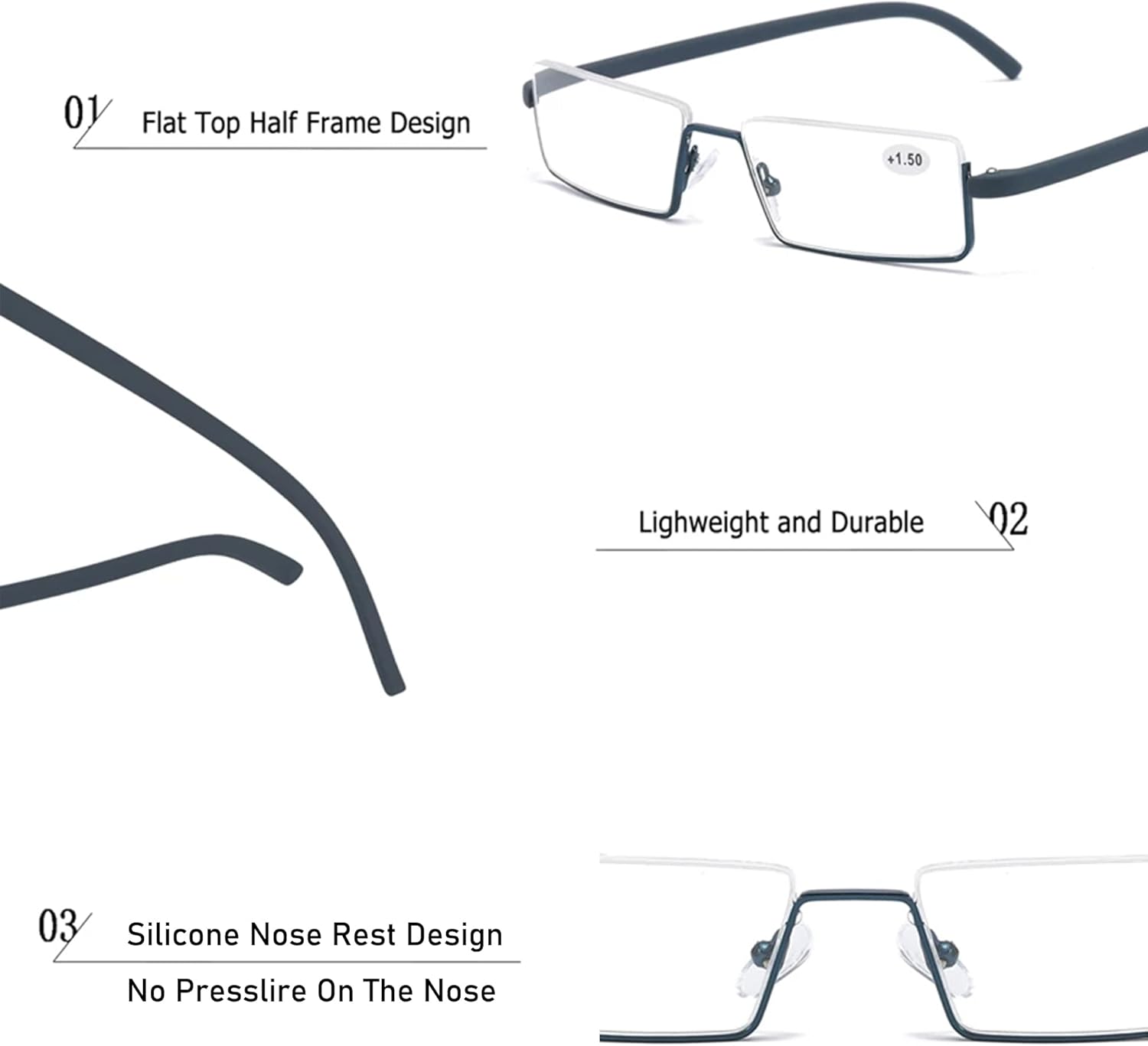 Paquete de 2 lentes de lectura de medio marco para hombres y mujeres, ligeros para lectura de computadora con estuche portátil 1.25
