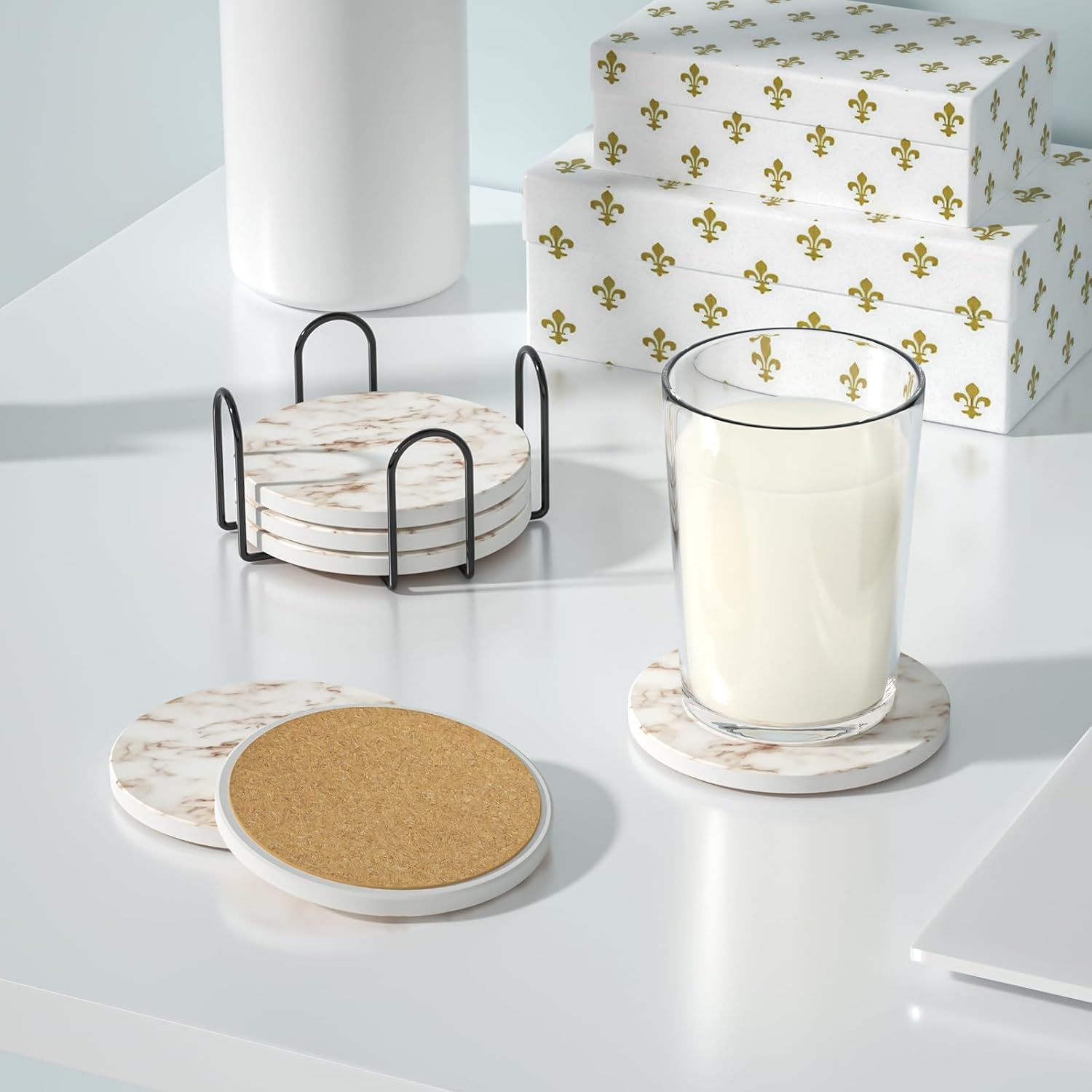 Posavasos absorbentes con soporte, juego de 6 posavasos absorbentes, posavasos de ágata de cerámica con mármol y base de corcho para mesa de café,