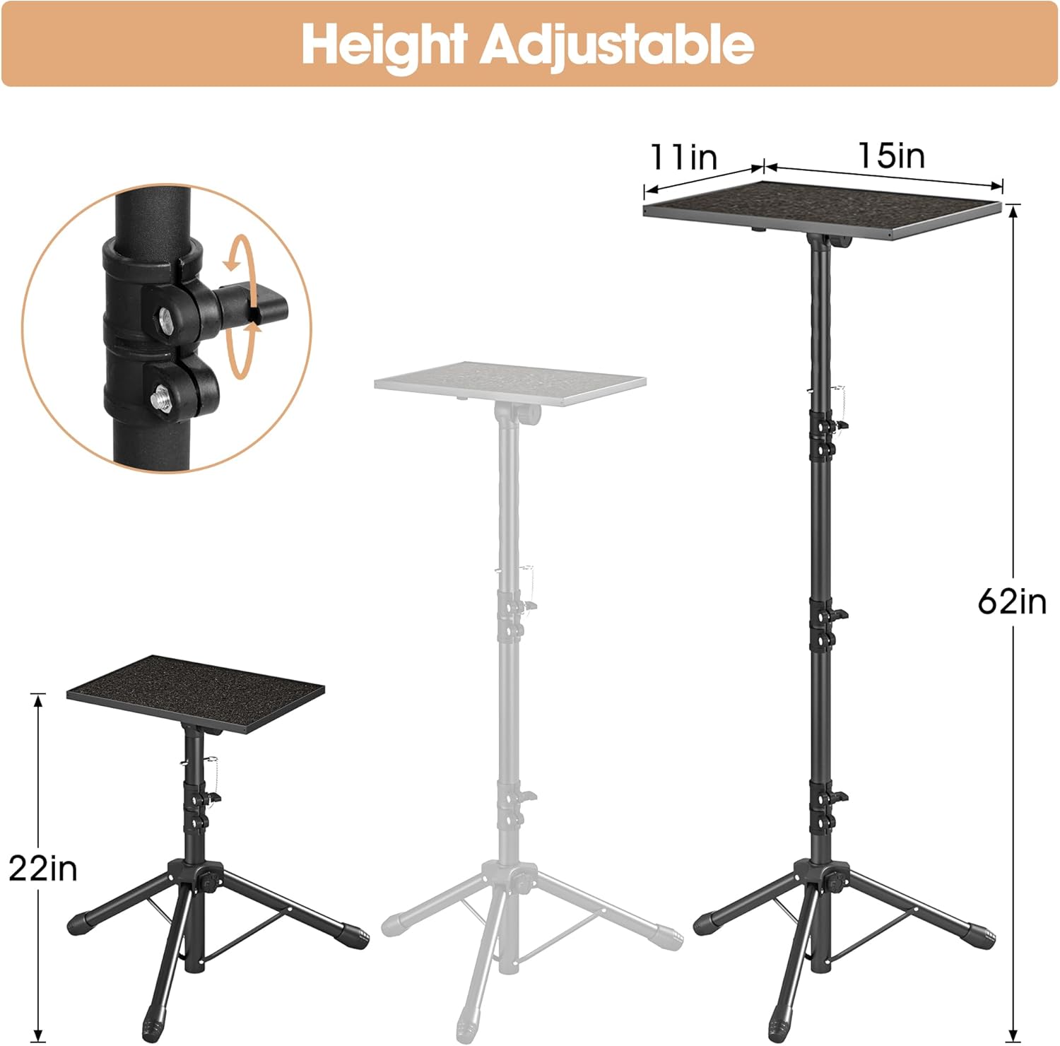 OPKING Trípode ajustable para proyector alto, soporte de trípode para laptop de 22 a 62 pulgadas con pestillo de seguridad y soporte para teléfono