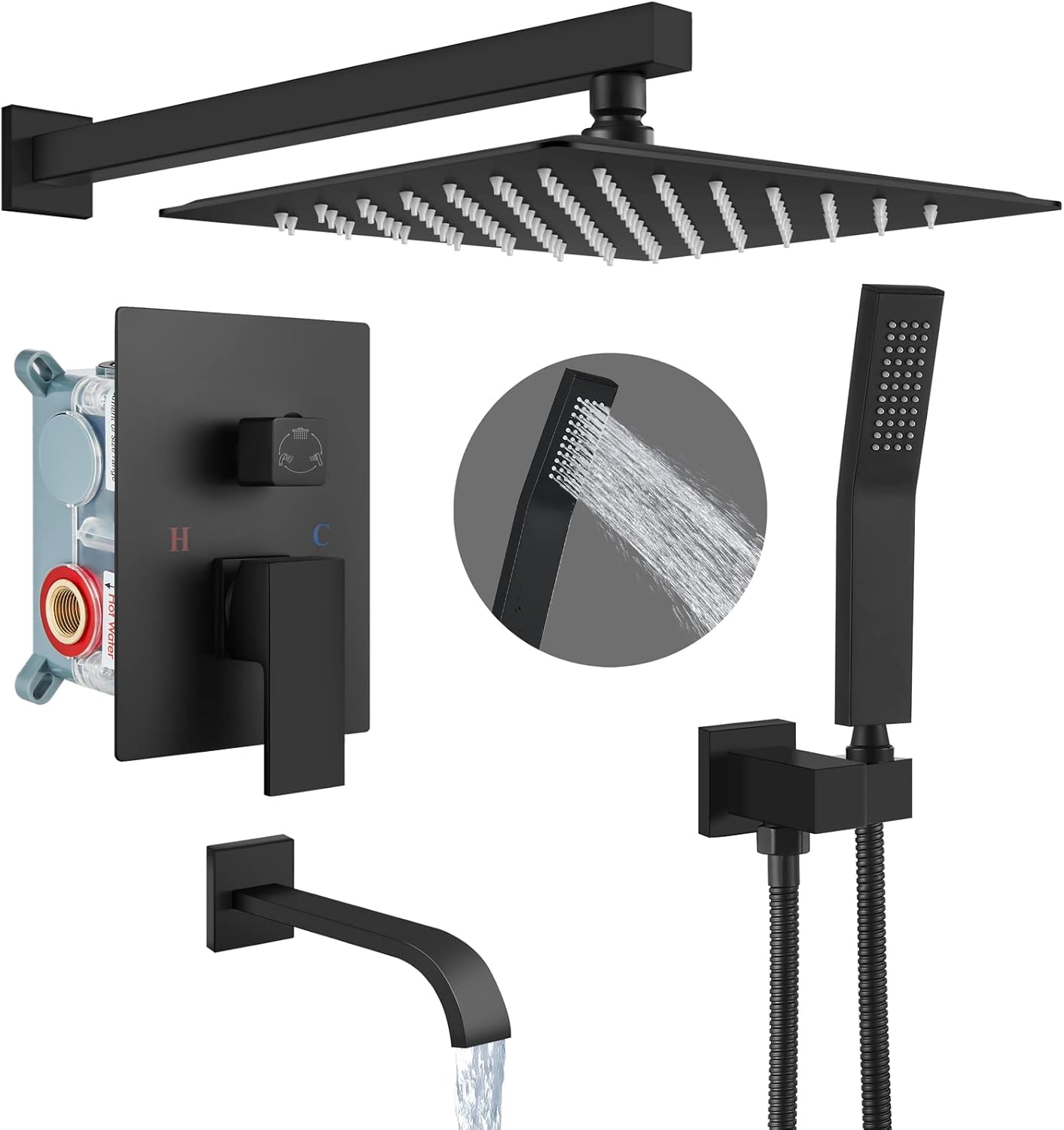 Cinwiny Sistema de ducha de baño negro mate, cabezal de ducha de lluvia de 10 pulgadas con rociador de mano para montaje en pared, boquilla de
