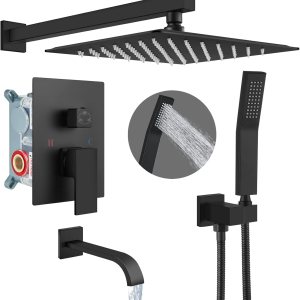 Cinwiny Sistema de ducha de baño negro mate, cabezal de ducha de lluvia de 10 pulgadas con rociador de mano para montaje en pared, boquilla de Cinwiny Sistema de ducha de baño negro mate, cabezal de ducha de lluvia de 10 pulgadas con rociador de mano para montaje en pared, boquilla de