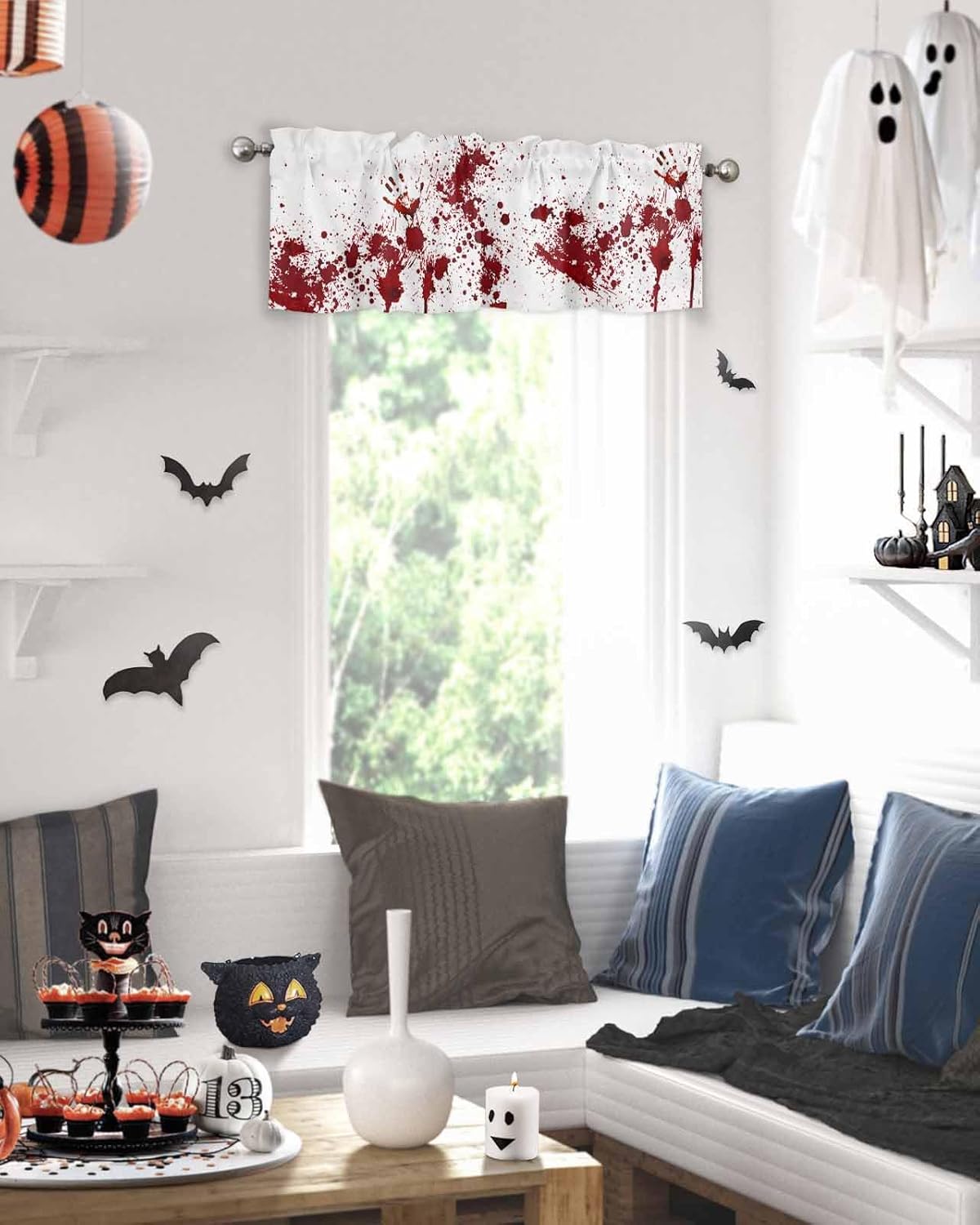 Cortinas de Halloween para cocina, cafetería, cortinas cortas con estampado de manos crueles y espeluznantes, 42 x 18 pulgadas, bolsillo para barra,