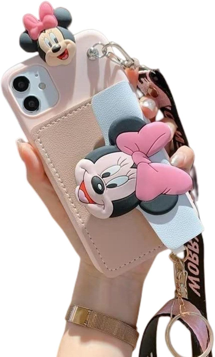 Funda para iPhone 15 Pro Max, diseño de cachorro Minnie Mouse con bonito soporte para tarjetas de dibujos animados, cuerda oblicua de TPU suave,