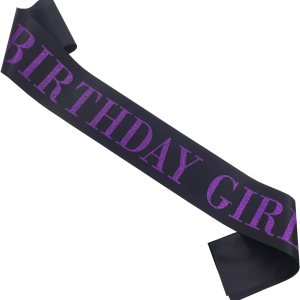 Banda de cumpleaños para mujer, banda de satén negro con purpurina morada, decoraciones de fiesta de princesa de feliz cumpleaños, suministros de Banda de cumpleaños para mujer, banda de satén negro con purpurina morada, decoraciones de fiesta de princesa de feliz cumpleaños, suministros de