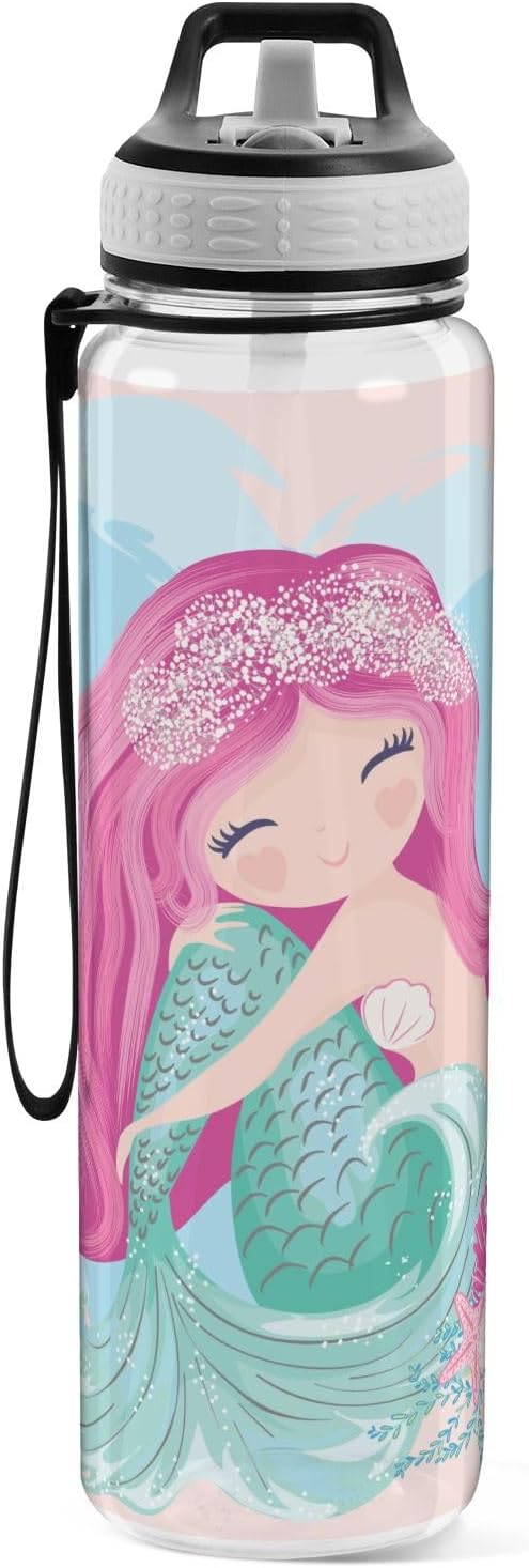 Botella de agua de sirena de dibujos animados con tapa de pajilla, 32 onzas, a prueba de fugas, transparente, para gimnasio, mujeres, hombres,