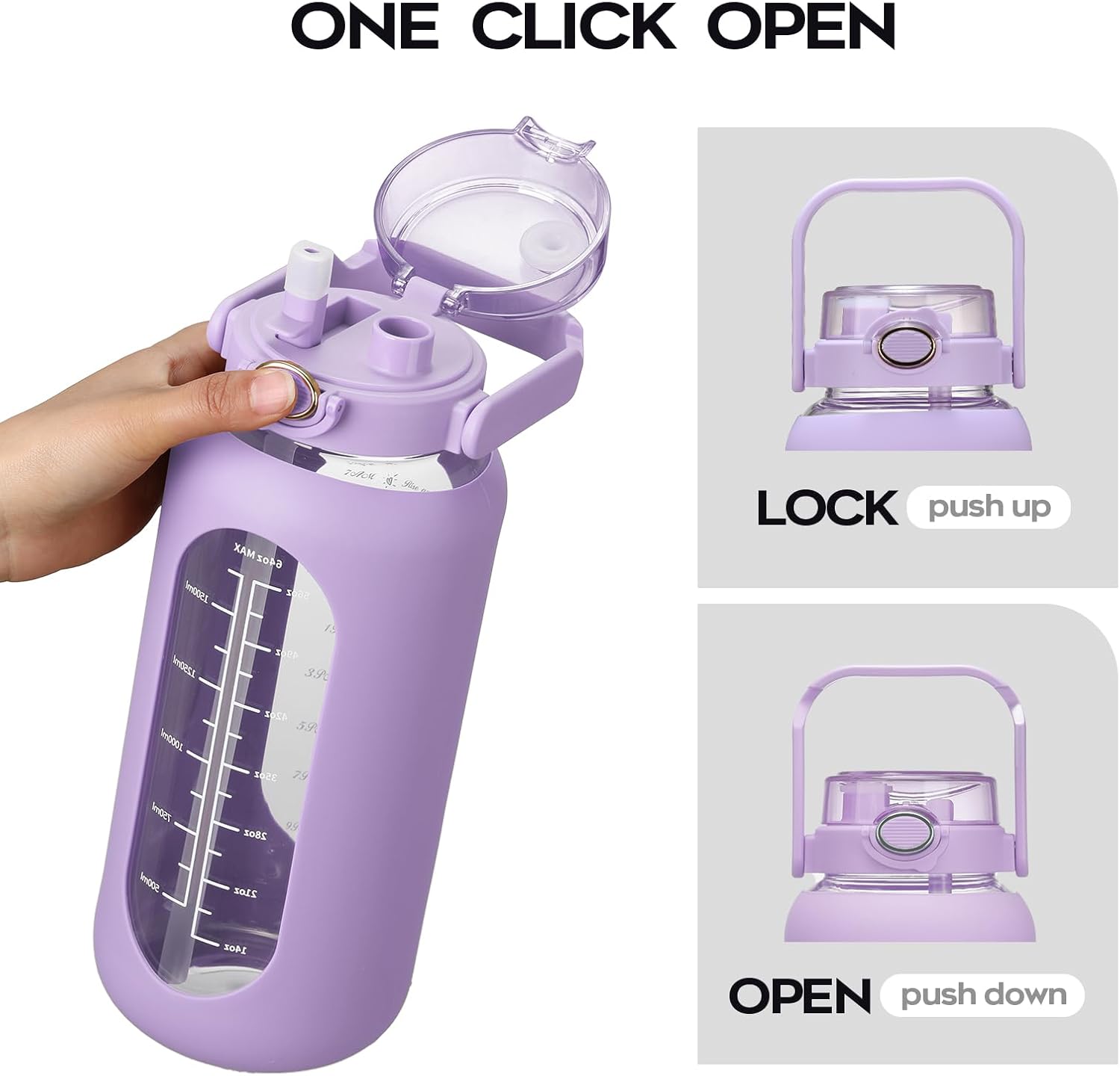 chunmo Bolttles de agua de vidrio de 74 onzas con pajilla, botella de agua motivacional grande con marcador de tiempo, botellas de agua deportivas
